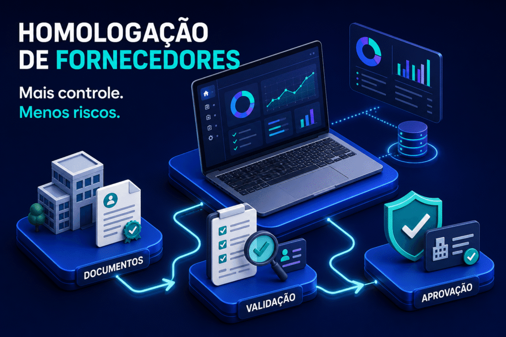 Fluxo de homologação de fornecedores com as etapas de documentos, validação e aprovação