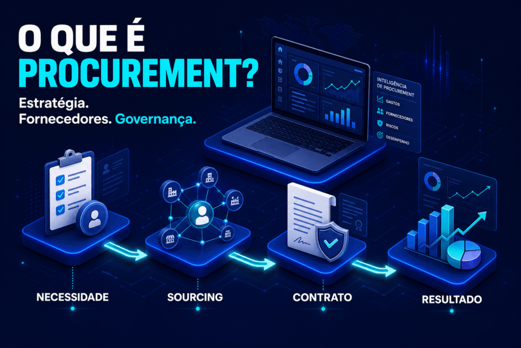 Fluxo de procurement com as etapas necessidade, sourcing, contrato e resultado