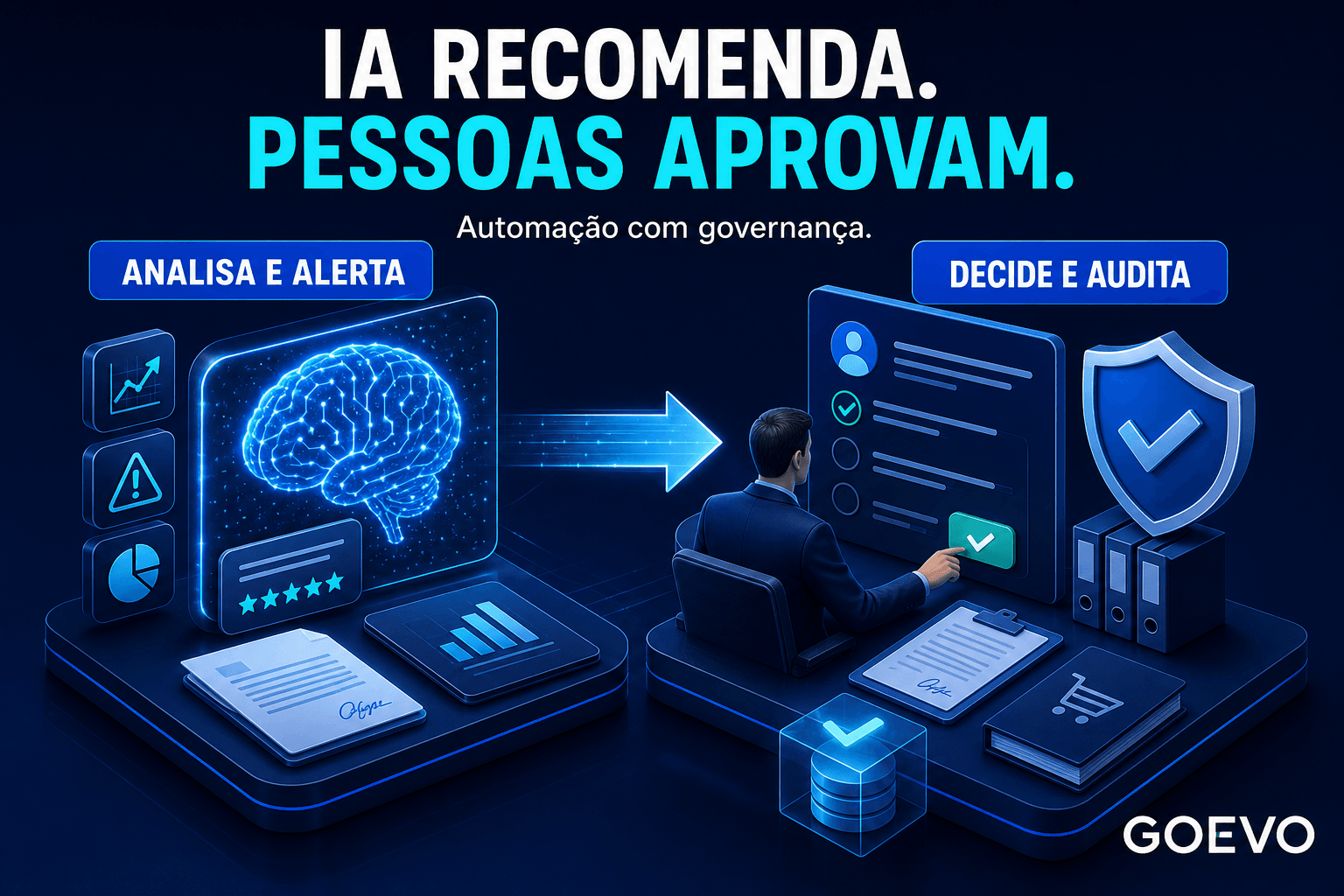 Infográfico de governança em IA: IA analisa e alerta, pessoas decidem e auditam